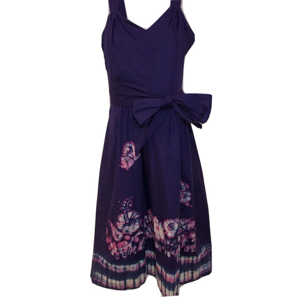 VTG Bette of Jamaica Medium Dress Swing Pink Purple Batik Tie Dye Belted 60s